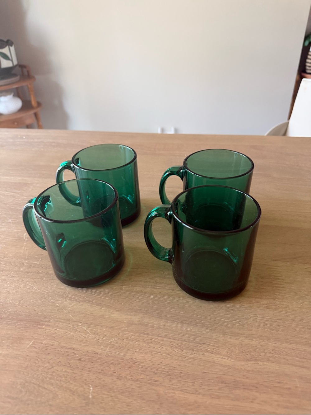 Vintage MCM emerald glass clear glass mugs (set of 4)